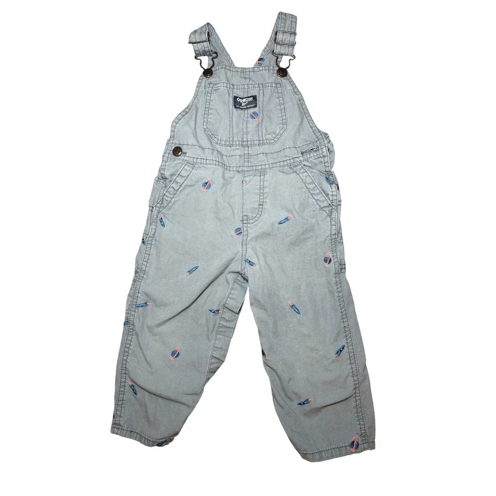 OshKosh B'gosh Baby Overalls 24M Gray Space Rocket Planet Embroidered Cotton